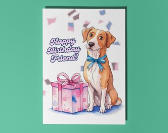 Handmade Cute dog with blue bow Happy Birthday friend! Card Funny animals Card Premium Greeting Card and Envelope