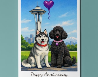 Seattle Space Needle - Husky and Standard Poodle Dogs Happy Anniversary Card Envelope Funny Breeds - Premium Personalised Couples Spouses