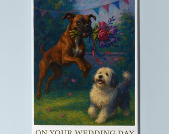 Boxer and Sheepdog Duo - Bouquet Chase On your wedding day Card - Funny Dogs - Dog Card - Premium Greeting Card & Envelope - Personalised