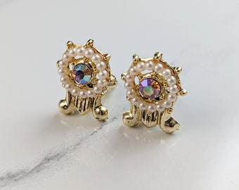 Lovely Vintage Jewellery Rhinestones Faux Pearl Clip-on Earrings