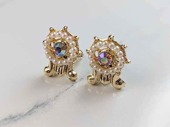 Boucles D'oreilles Clips Vintage à Strass - Métal Doré, Excellent état, Style Rétro