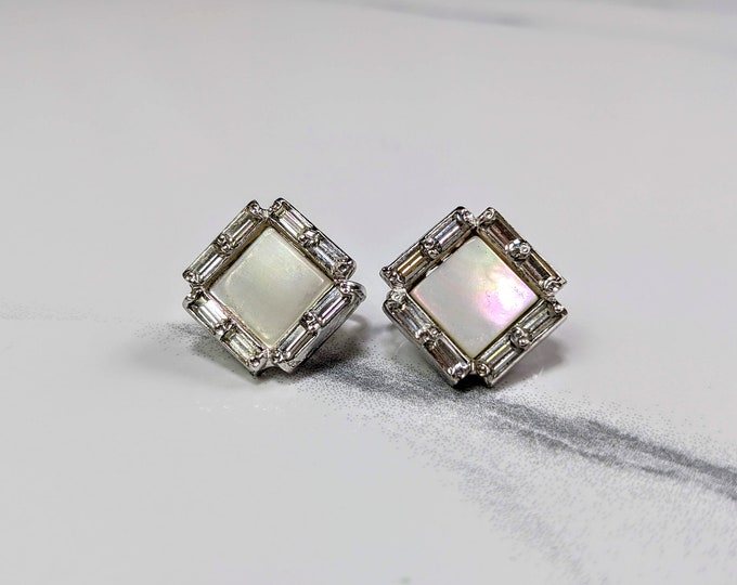 Lovely Vintage Mother of pearl and Rhinestone Clip Earrings by Keyes Jewellery