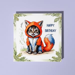 Gattino fatto a mano in costume da volpe Biglietto di auguri di buon compleanno Biglietto di auguri divertente con animali Amanti degli animali Biglietto di auguri premium Busta