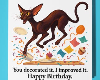 Fine Art Funnies Collection - Oriental Cat  -  Happy Birthday Card - Premium Greeting Card and  Envelope - Personalised card - Friend Family