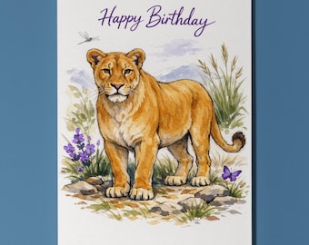 Wild Cats Party Lioness: Gentle Queen Hugs Happy Birthday Card Premium quality Funny Greeting Card Envelope Personalised Friends Lion