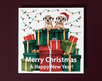 Handmade Funny meerkats Merry Christmas & New Year Card  Premium Greeting Card with White Envelope / Merry Christmas and New Year