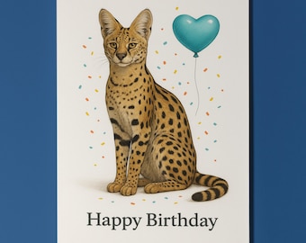 Wild Cats Party Collection - Serval - Happy Birthday Card - Funny Animal - Premium Greeting Card & Envelope - Personalised card - Friend