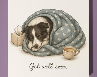 Border Collie - Get Well Soon Card - Funny Animal - Premium Greeting Card & Envelope - Personalised Dog card - Wife Husband Mum Dad Friend