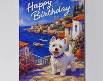 Westie Personalised Birthday Card, West Highland White Terrier Coastal Dog Card