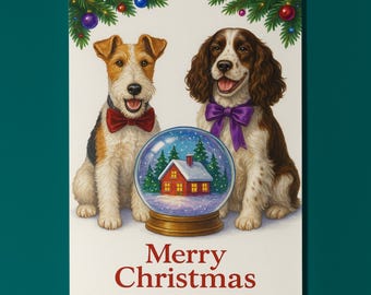 Wire Fox Terrier and Springer Spaniel Dogs - Snow Globe Merry Christmas Card - Funny Dog Breeds Premium Greeting Card Envelope Personalised