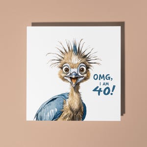 Tarjeta de felicitación de cumpleaños hecha a mano con una garza sorprendida y divertida: ¡Dios mío, tengo 40 años! Tarjeta de felicitación de cumpleaños con un animal divertido Tarjeta de felicitación y sobre premium para amantes de los animales