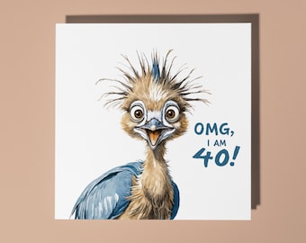 Handmade Funny surprised heron - OMG, I am 40! Happy Birthday Card Funny Animal Card Animal Lovers Premium Greeting Card & Envelope