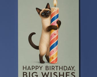 Siamese Cat Personalised Birthday Card, Big Wishes Candle Cat Gift