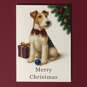 May include: A Christmas card illustration of a terrier wearing a red bow tie, with a purple gift box and a blue bauble. A Christmas tree sprig with baubles and the text "Merry Christmas" are also included.