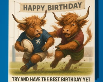 Rugby Scottish Highland Cows  - Happy Birthday Card - Funny Animal - Premium Greeting Card Envelope  Personalised funny card - family friend