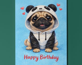 Pug Birthday Card Personalised Panda Hoodie Cute Dog Lover Gift