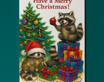 Raccoons - Merry Paws Collection -  Have a Merry Christmas  Card - Funny animals - Premium Greeting Card Envelope Personalised card - Friend