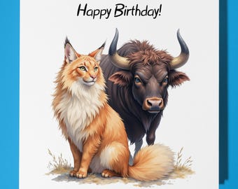 Cat Bull Taurus Cow Happy Birthday Card - Funny Animal - Premium Greeting Card Envelope - Personalised Cat card - sister daughter friend