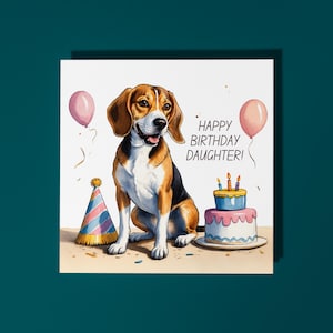 Handgemachte süße Beagle Hunderasse mit Kuchen Alles Gute zum Geburtstag Tochter Karte Lustige Tierkarte Tierliebhaber Premium Grußkarte & Umschlag