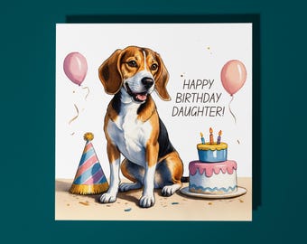 Handmade Cute Beagle Dog Breed with Cake Happy Birthday Daughter Card Funny Animal Card Animal Lovers Premium Greeting Card & Envelope
