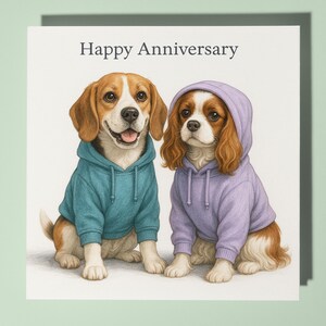 Biglietto di auguri di buon anniversario Beagle Cavalier King Charles Spaniel con animale divertente - Busta per biglietti di auguri premium - Biglietto di auguri personalizzato per cani - Marito