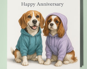 Beagle Cavalier King Charles Spaniel Happy Anniversary Card  Funny Animal - Premium Greeting Card Envelope - Personalised Dog card - Husband