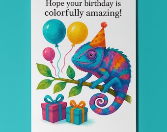 Colourful Chameleon Wishes - Hope your birthday is colourfully amazing! Card Funny Animals Premium Greeting Card and Envelope Personalised