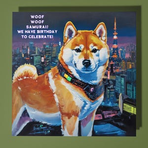 Tarjeta de feliz cumpleaños ciberpunk con diseño de perro Shiba Inu - Animal divertido - Tarjeta de felicitación y sobre premium - Tarjeta de perro personalizada - Mamá, papá, hijo, hermana