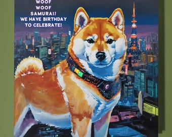 Shiba Inu dog Cyberpunk Happy Birthday Card - Funny Animal - Premium Greeting Card & Envelope - Personalised Dog card - Mum Dad Son Sister