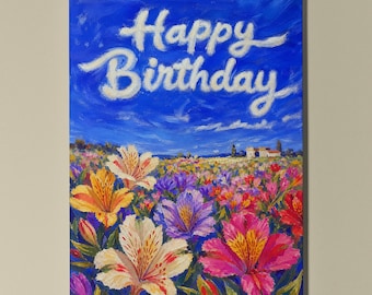 Alstroemeria Floral Birthday Card, Personalised Flower Greeting Card, Botanical Art