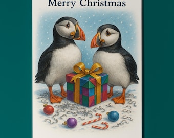 Merry Puffin Pair - Merry Christmas! Card - Funny animals - Premium Greeting Card and Envelope - Personalised card - Family Members Friends