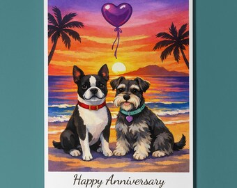 Hawaii - Boston Terrier Miniature Schnauzer Dogs Happy Anniversary Card Envelope Funny Breeds Premium Personalised Couples Husband Spouses