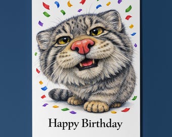 Wild Cats Party Pallas Cat Manul: The Plush King  Happy Birthday Card Premium quality Greeting Card and Envelope Personalised Exotic Cat