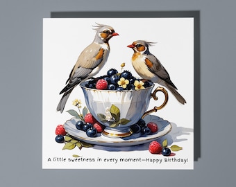 Handmade Birds on a cup with berries A little sweetness Happy Birthday Card Funny Animal Card Animal Lovers Premium Greeting Card & Envelope