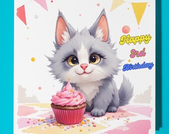 Cat Happy 3rd  Birthday Card - Funny Animal - Premium Greeting Card & Envelope - Personalised Cat card -grandson granddaughter daughter son