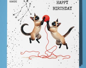 Gemini Happy Birthday Card - Funny Animal - Premium Greeting Card & Envelope - Personalised zodiac sign card  Son Sister Friend Mum Daughter