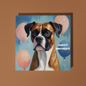 Handgemachter Boxer Hund umgeben von Luftballons - Happy Birthday Karte Lustige Tier Karte Tierliebhaber Premium Grußkarte & Umschlag