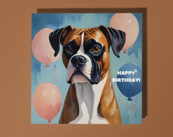 Handmade Expressive Boxer dog surrounded by balloons - Happy Birthday Card Funny Animal Card Animal Lovers Premium Greeting Card & Envelope