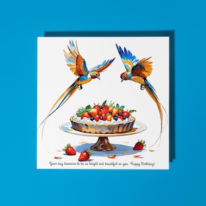 Handgemachte Paradiesvögel auf Erdbeertörtchen Happy Birthday ! Karte Lustige Tierkarte Tierliebhaber Premium Grußkarte und Umschlag