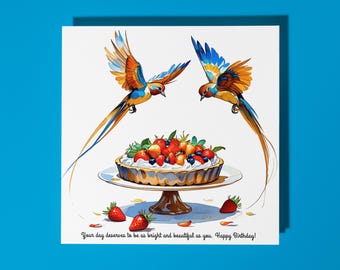 Handmade Birds of Paradise over Strawberry Tart Happy Birthday ! Card Funny Animal Card Animal Lovers Premium Greeting Card and Envelope