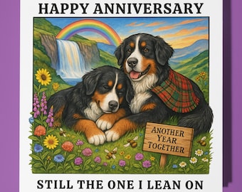 Bernese Mountain Dogs - Happy Anniversary Card  Funny Animal - Premium Greeting Card & Envelope - Personalised Dog card - Husband Couple