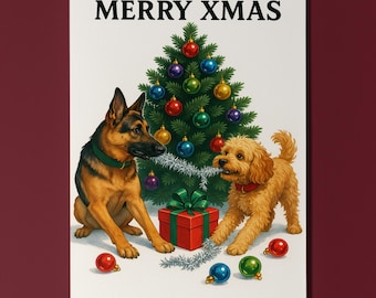 German Shepherd & Cockapoo Dogs Duo - Merry Xmas Card - Funny Dogs - Dog Breeds Premium Greeting Card Envelope Personalised - Family members