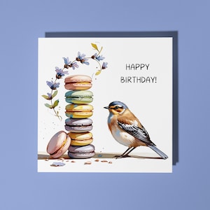 Handgemachte niedliche kleine Vogel und Macarons alles Gute zum Geburtstagkarte Lustige Tierkarte Tierliebhaber Premium Grußkarte & Umschlag