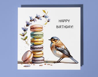 Handmade Cute little bird and Macarons Happy Birthday Card Funny Animal Card Animal Lovers Premium Greeting Card & Envelope