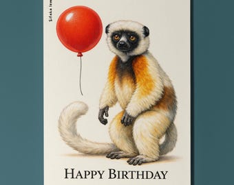 Animal Hugs Series Sifaka lemur: Madagascan Magic Happy Birthday Card Premium quality Greeting Card Envelope Personalised Tropical Wildlife