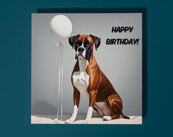 Handmade Expressive Boxer dog with white balloon - Happy Birthday Card Funny Animal Card Animal Lovers Premium Greeting Card & Envelope