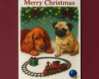 Cocker Spaniel and Pug Dogs - Santa’s Helpers - Merry Christmas Card - Funny Dogs - Premium Greeting Card Envelope - Personalised - Friends