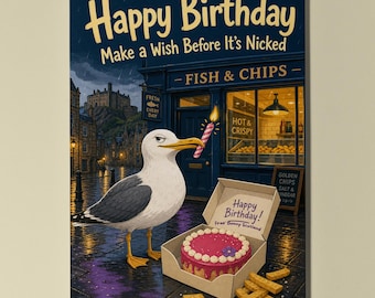 Seagull Personalised Birthday Card, Funny Scottish Fish and Chips Nicked Cake Gift