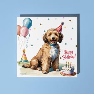 Handgemaakte schattige labradoodle met taart Happy Birthday Card Funny Animal Card Animal Lovers Premium wenskaart en envelop