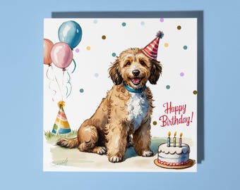 Handmade Cute Labradoodle dog breed With Cake Happy Birthday Card Funny Animal Card Animal Lovers Premium Greeting Card and Envelope